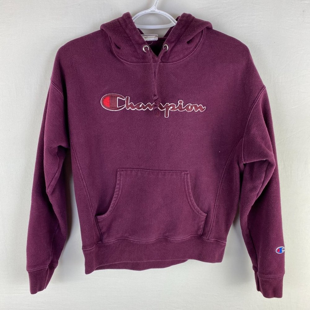 CHAMPION Spellout Reverse Weave Womens Sweatshirt Size Small Burgundy Hooded